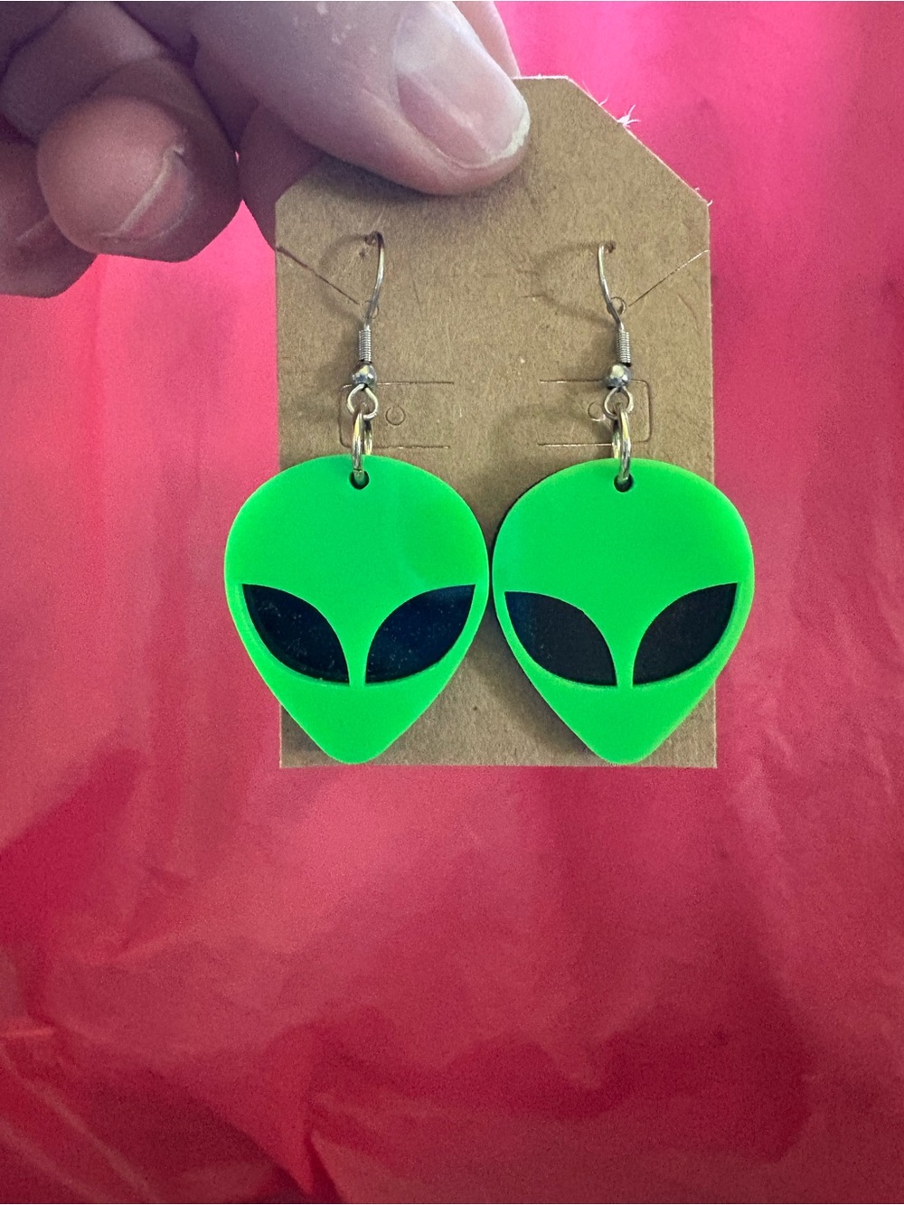 Neon Green Alien Face Dangle Earrings